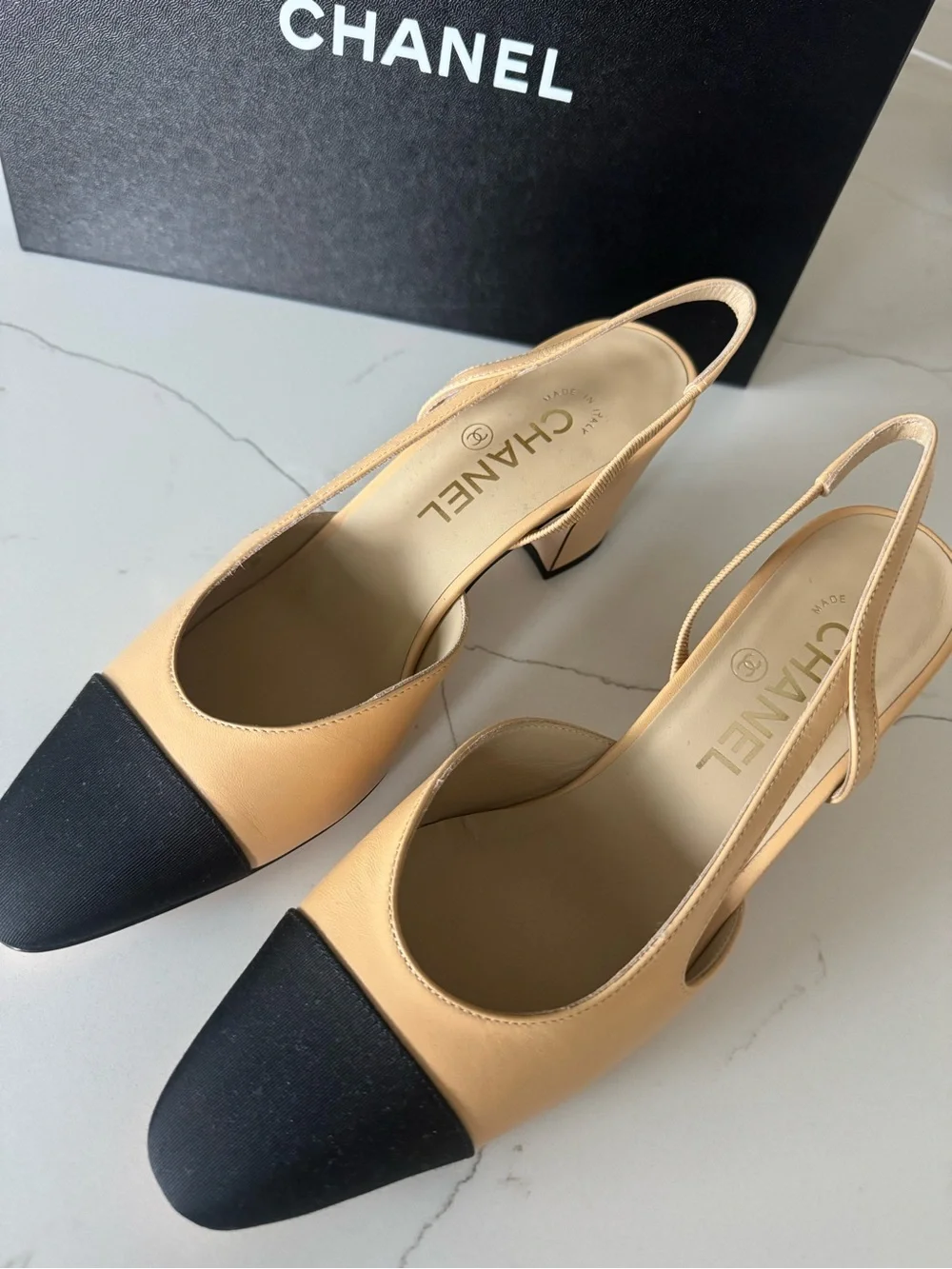 Brand New CHANEL Two-Tone Slingback Pumps in Beige and Black
